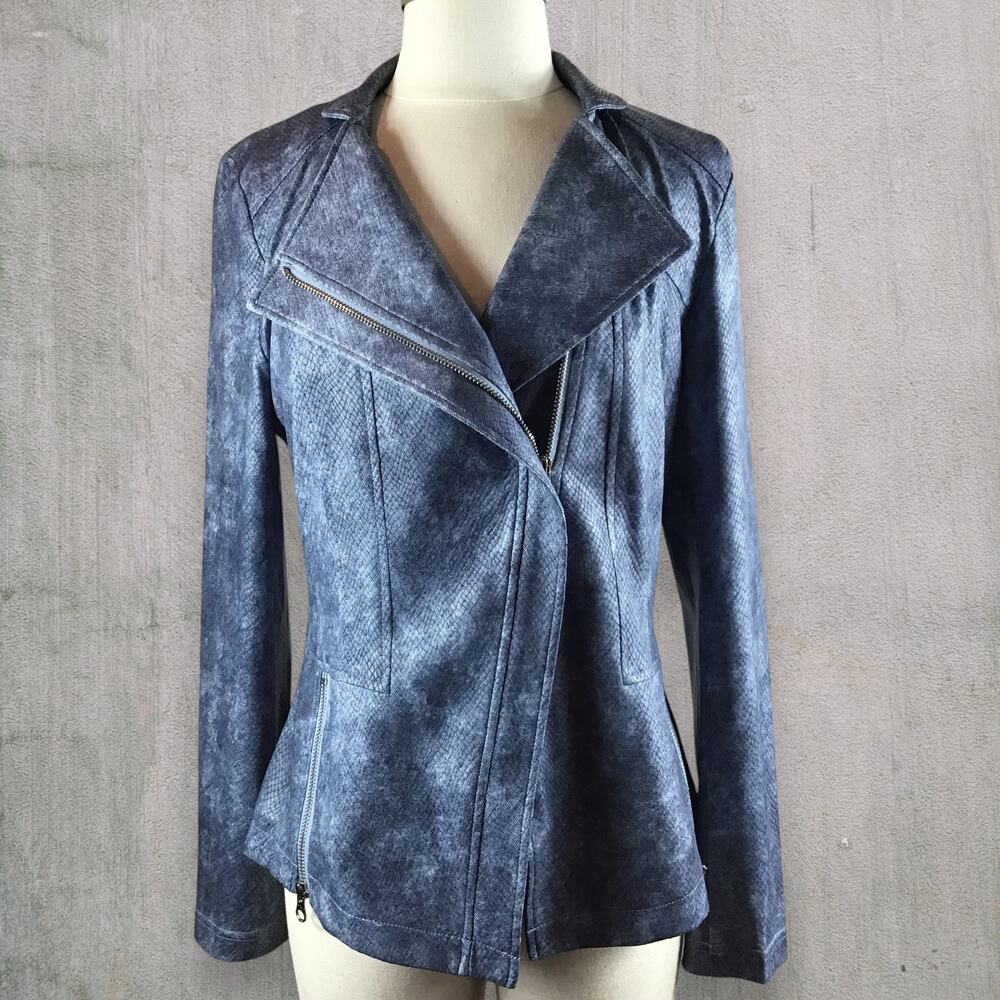 Clara Sunwoo Liquid Leather Moto Jacket Blue Snakeskin Print Vegan Size Small